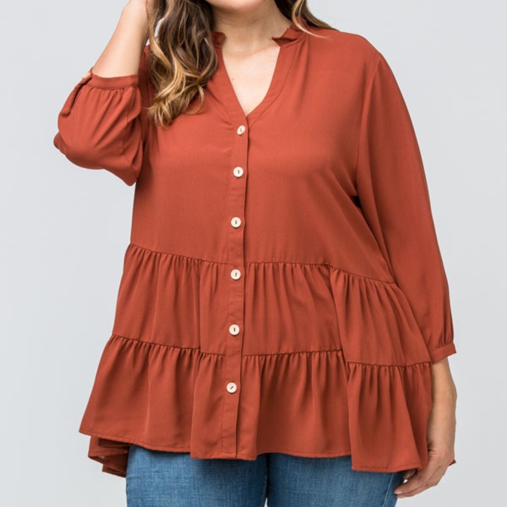 Rust color button-up tiered top plus